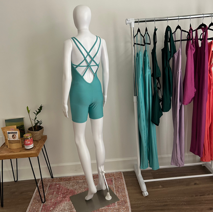 Teal Crisscross One-Piece Shorts Set